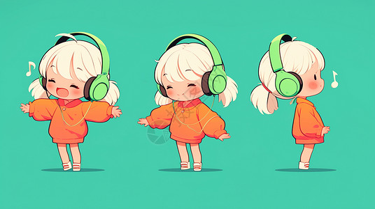 戴着耳麦戴着绿色耳麦开心听音乐的卡通小女孩插画