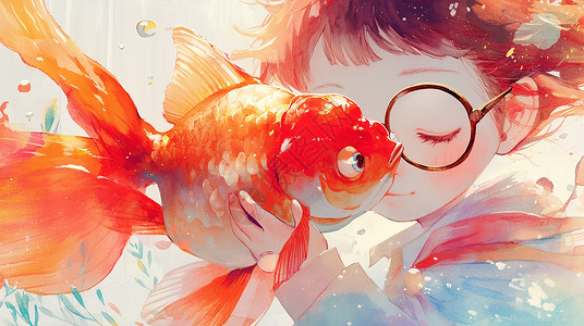 鱼和眼镜素材戴着黑框眼镜抱着红色锦鲤的卡通女孩插画