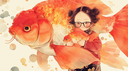 鱼和眼镜素材可爱的卡通小女孩抱着红色巨大鱼插画