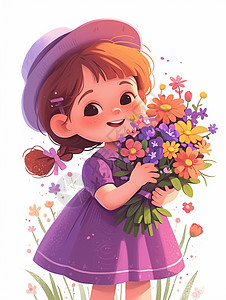 穿着紫色连衣裙抱着花束的可爱卡通小女孩背景图片
