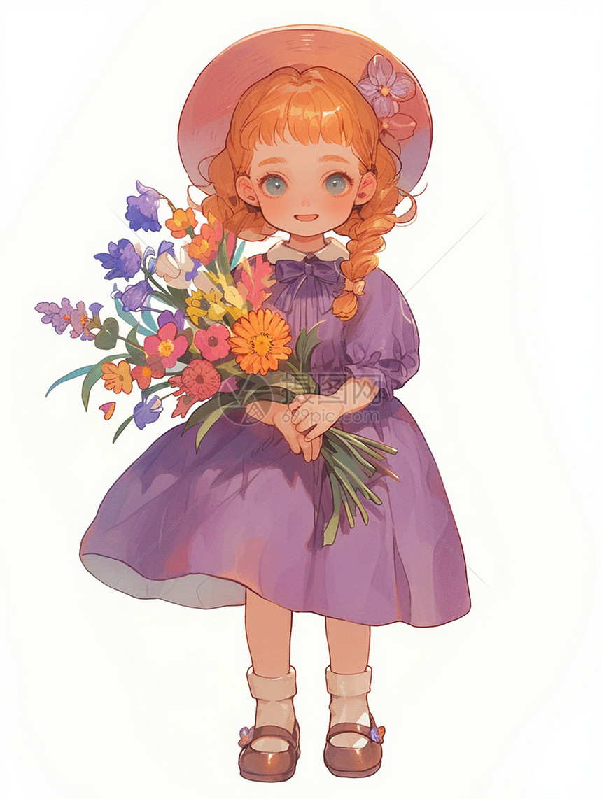 穿紫色连衣裙抱着花束的可爱卡通小女孩图片