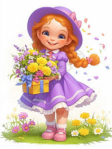 紫色裙子女孩穿连衣裙抱着花束的可爱卡通小女孩插画