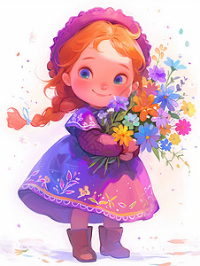穿紫色连衣裙可爱卡通小女孩插画