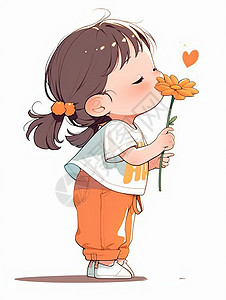 一朵白色花穿着白色T恤手拿一朵小花卡通小女孩插画
