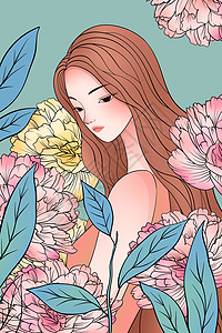 唯美长发女孩和花朵插画背景图片