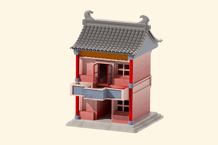 酒楼c4d立体卡通古建筑两层楼3d插画元素插画