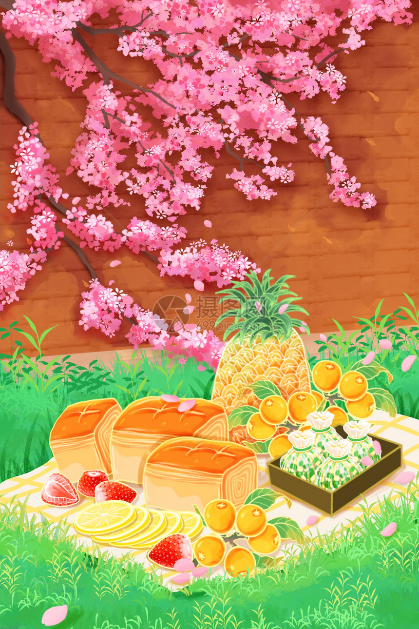 手绘治愈系春游野炊面包水果樱花场景插画图片