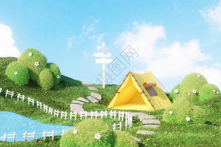 郊外的野花湖泊边的露营帐篷设计图片