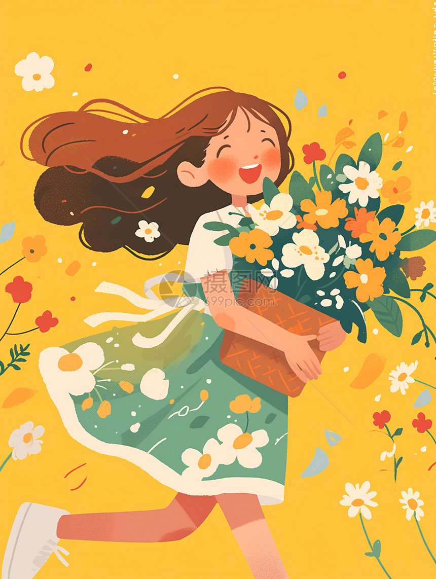可爱的长发卡通小女孩抱着一篮子花朵开心奔跑图片