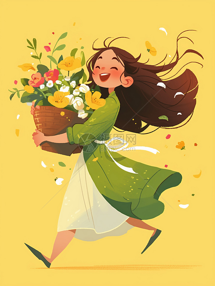 可爱的长发卡通女孩抱着一篮子花朵开心奔跑图片