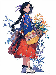 红色半身碎花裙民族风装扮漂亮的卡通小女孩背景图片