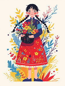 红色半身裙抱着一篮子花朵穿着碎花裙站在花丛中的卡通小女孩插画