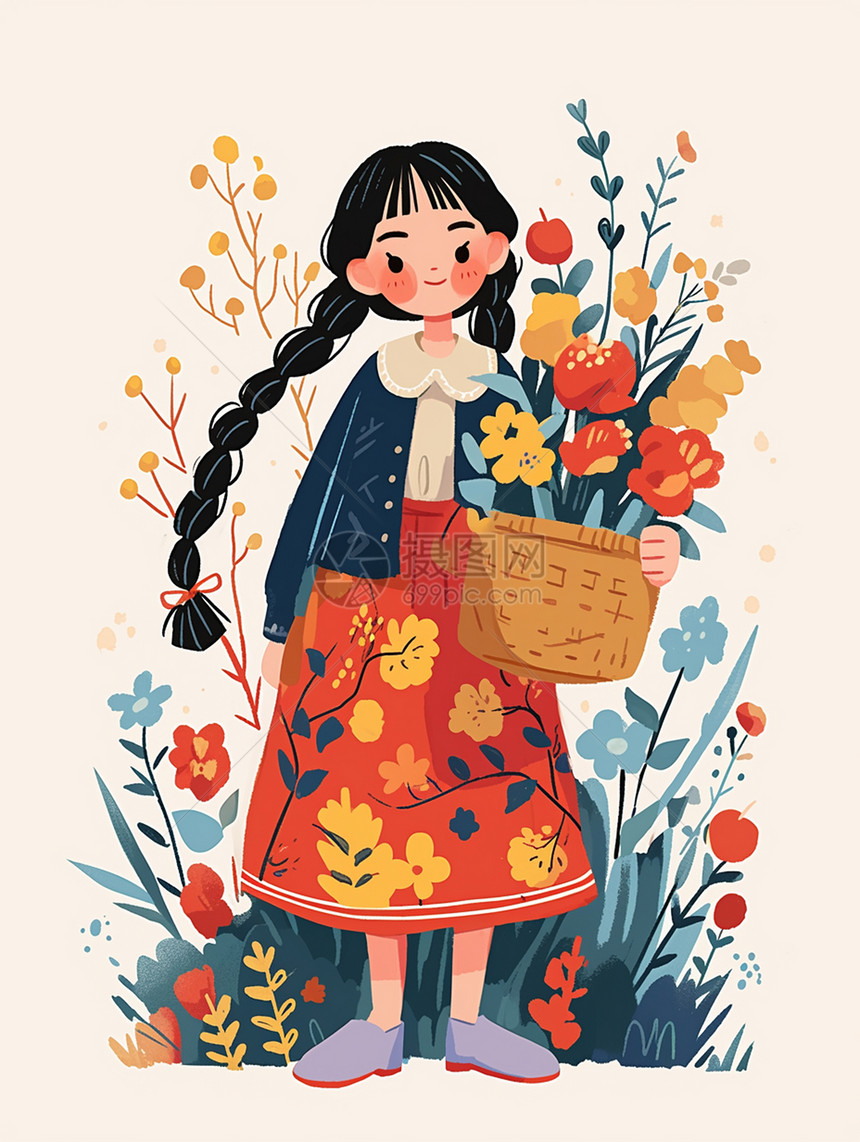 抱着花朵穿着碎花裙站在花丛中的卡通小女孩图片