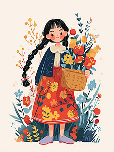 红色半身裙抱着花朵穿着碎花裙站在花丛中的卡通小女孩插画