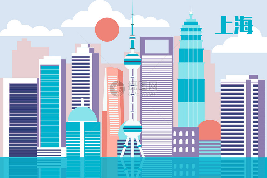 上海城市建筑扁平矢量插画图片