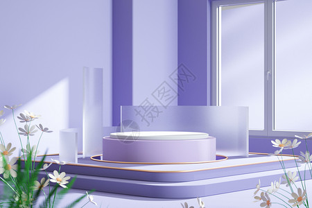 紫色立体紫色清新展台设计图片