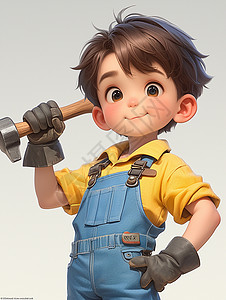工人手拿锯穿着蓝色背带裤手拿工具的卡通小男孩插画