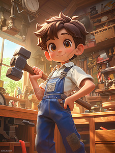 工人手拿锯穿着蓝色背带裤手拿工具的小男孩插画