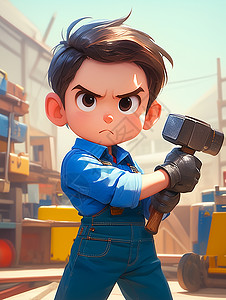 蓝色背带裤手拿着锤子穿着蓝色衬衣的可爱卡通小男孩插画