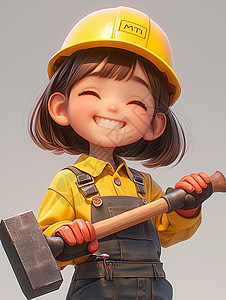 戴安全帽工人戴着黄色安全帽拿着工具的开心笑的卡通小女孩插画