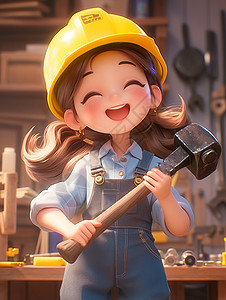 开心工人戴着黄色安全帽拿着工具的开心笑的卡通女孩插画