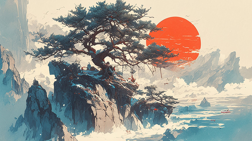 在高山上一棵古松唯美红色落日中国风插画图片
