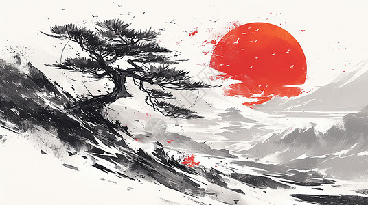 一棵古树一棵古松唯美红色落日中国风插画插画