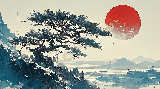 一棵红色树在高山上一棵古松唯美红色落日插画插画