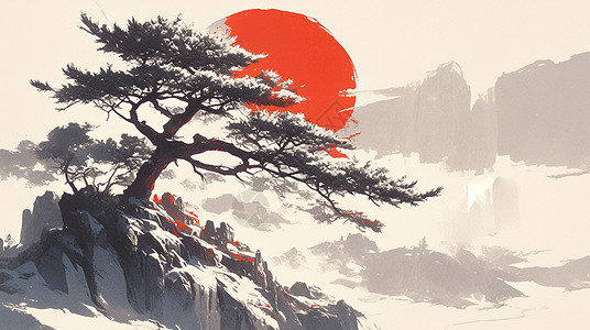 在山上绣球在高山上一棵古松唯美落日中国风插画插画