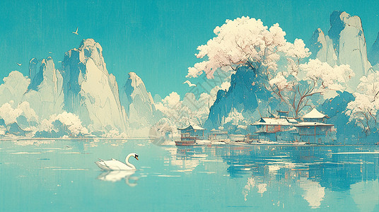 天鹅在水中游泳在湖面上安静游泳的几只卡通天鹅唯美卡通风景插画