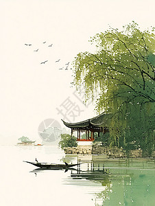 春暖花开湖面上一艘小船唯美卡通中国风插画背景图片