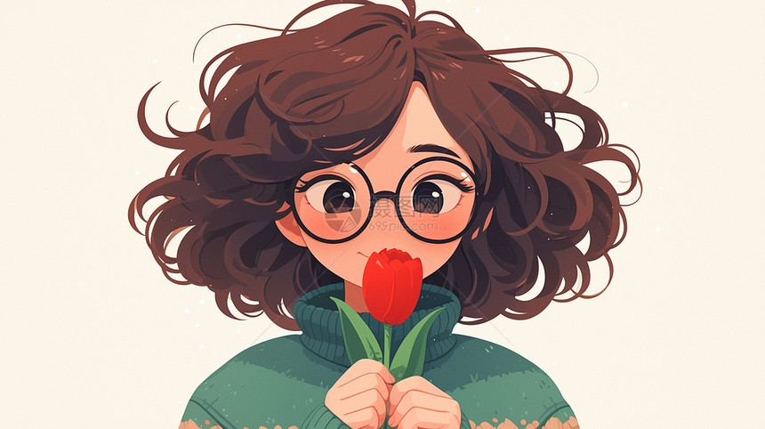 手拿红色花朵穿着绿色毛衣卷发扁平风卡通女人图片