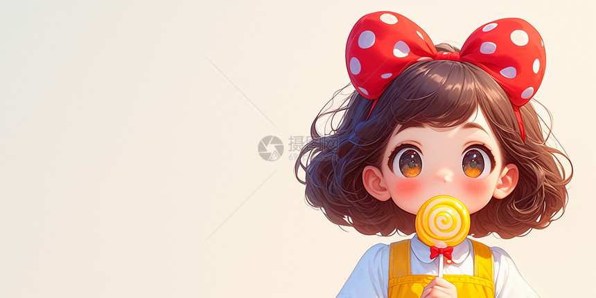头戴红色蝴蝶结发卡的可爱卡通小女孩正在吃棒棒糖图片