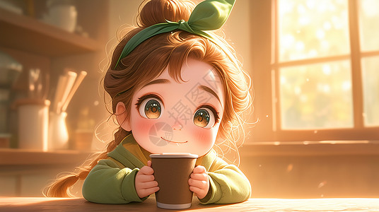 午后可爱的卡通小女孩正在喝茶背景图片