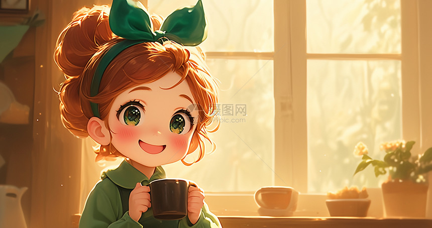 可爱的卡通小女孩正在喝茶图片