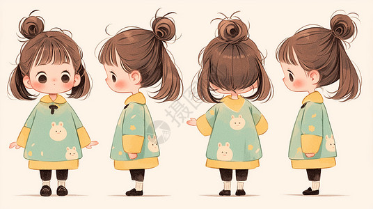 软萌520绿色裙子软萌可爱的卡通小女孩多视角图插画