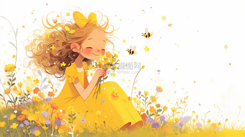 春天坐在花丛中闻花朵的可爱卡通女孩唯美插画图片