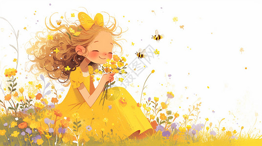 春天坐在花丛中闻花朵的可爱卡通女孩唯美插画高清图片