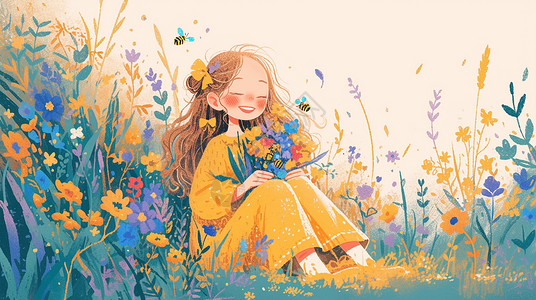 坐在花丛中闻花朵的可爱卡通女孩唯美插画背景图片
