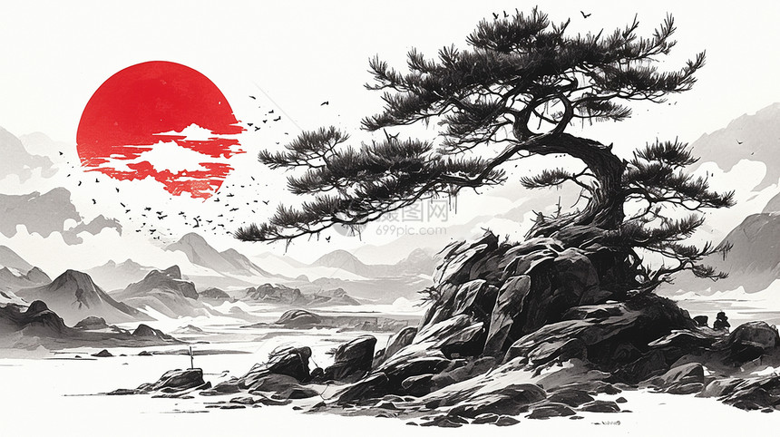 在高高的山上一棵古松与美丽的红日中国风插画图片