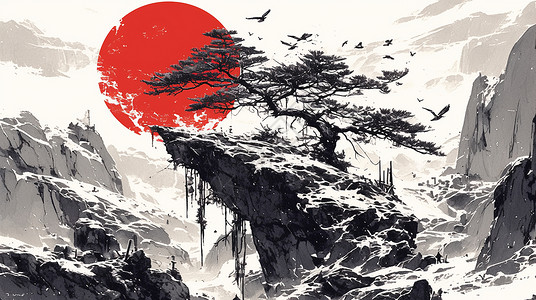 一棵古松与美丽的红日中国风插画背景图片