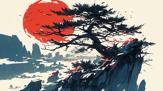 在山上一棵古松与美丽的红日中国风插画背景图片