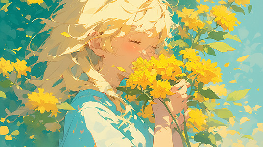 故事的小黄花在花丛中感受花朵的梦幻唯美卡通小女孩插画