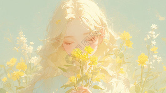 闻春天在花丛中感受花朵的梦幻唯美卡通小女孩插画