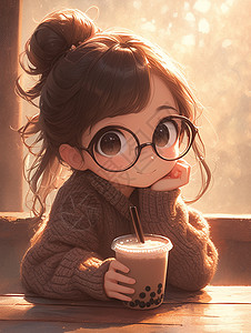 穿着棕色毛衣喝奶茶可爱的卡通小女孩插画