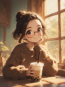 棕色框喝奶茶可爱的小女孩插画