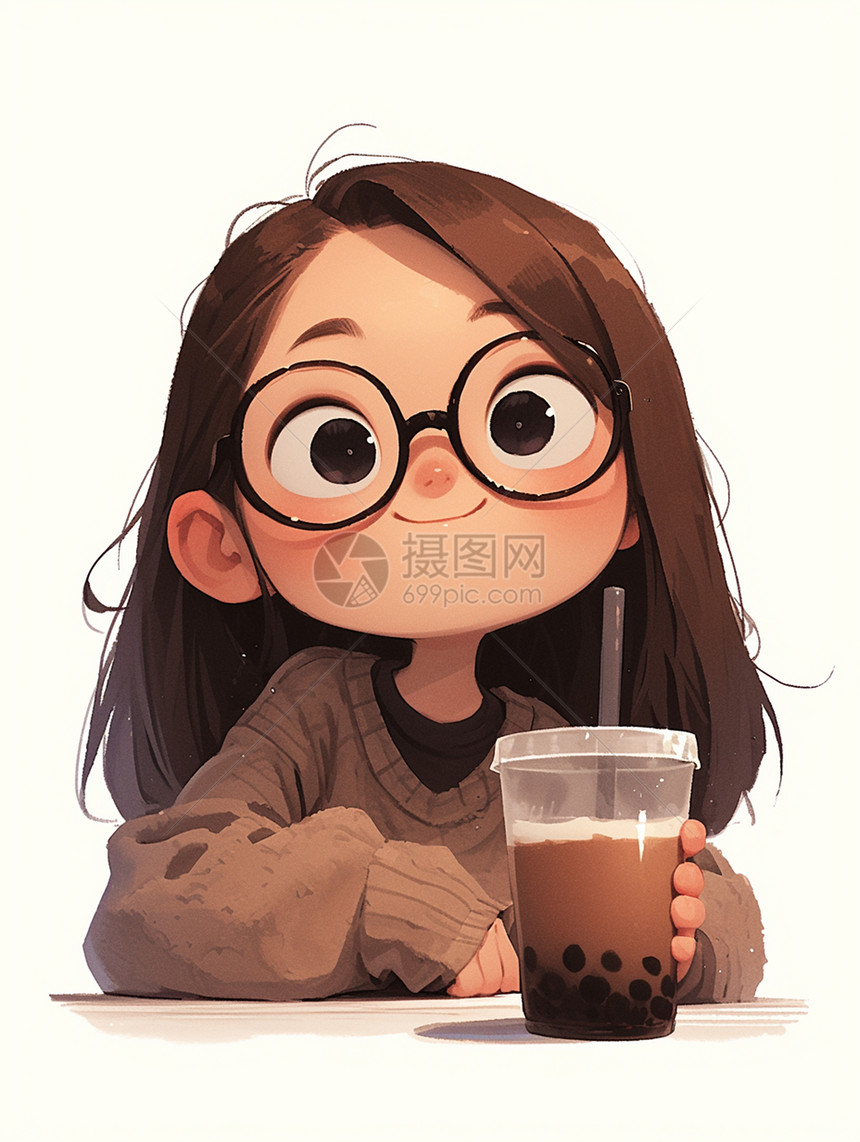 认真喝奶茶卡通小女孩戴着黑框眼镜图片