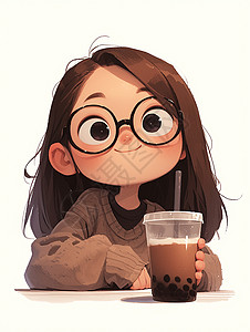 黑榜认真喝奶茶卡通小女孩戴着黑框眼镜插画