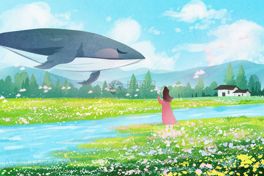 手绘水彩春天花海鲸鱼唯美治愈系插画图片