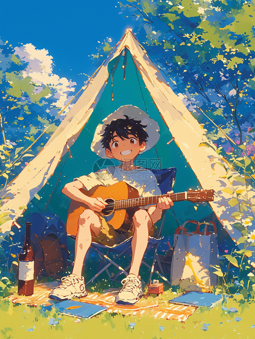 坐在露营帐篷外开心弹吉他的卡通青年图片